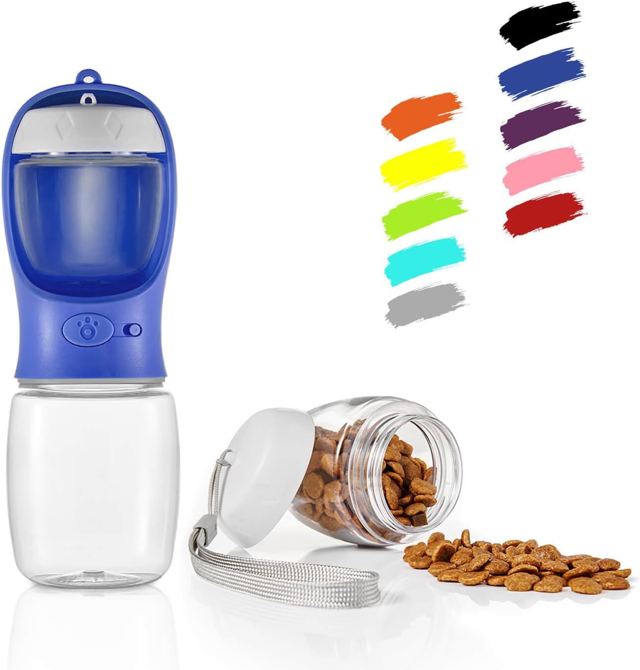 Portable Dog Water Bottle with Food Container, 12 OZ + 6 OZ, Leak Proof Puppy Water Dispenser with Drinking Feeder for Pets Outdoor Walking, Hiking, Travel, Food Grade Plastic