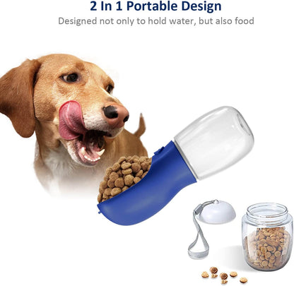 Portable Dog Water Bottle with Food Container, 12 OZ + 6 OZ, Leak Proof Puppy Water Dispenser with Drinking Feeder for Pets Outdoor Walking, Hiking, Travel, Food Grade Plastic